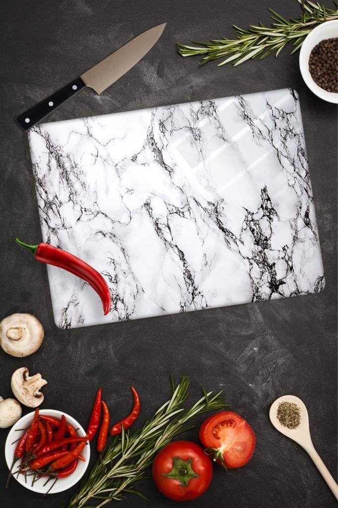 30x40 cm Cam Kesme Tahtası Beyaz Mermer
