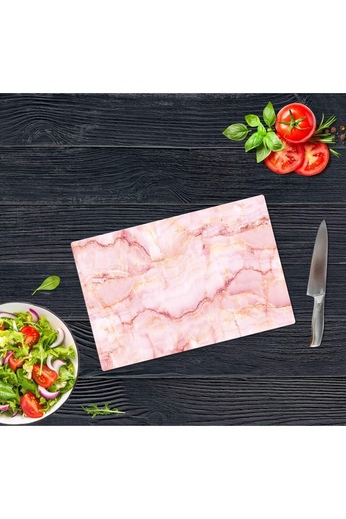 30x40cm - Pembe Mermer Görünümlü - Cam Kesme Tahtası