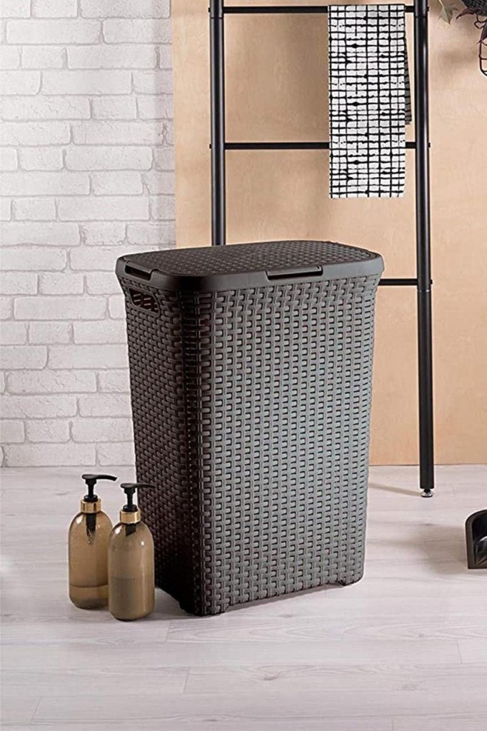 Kahverengi, Plastik Hasır Desenli Kapaklı Çamaşır Sepeti – 55x43x33cm - Resim 3