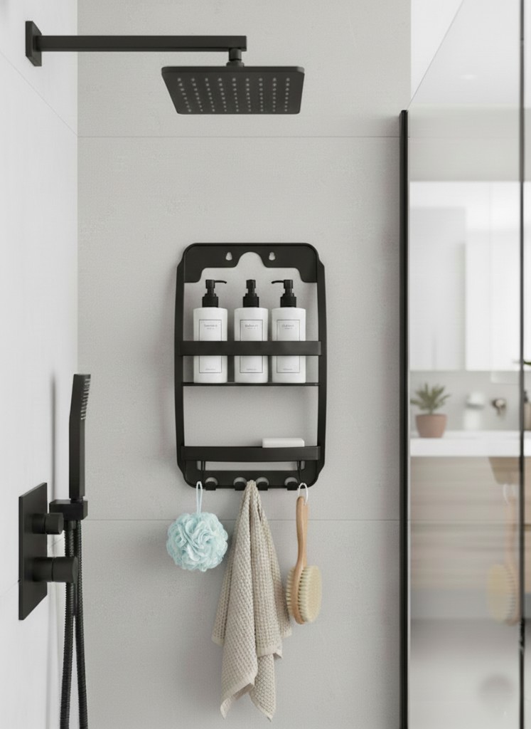 Siyah, 3 Katlı Banyo Duş Rafı - Askılıklı Banyo Organizeri - Delmeden Montaj