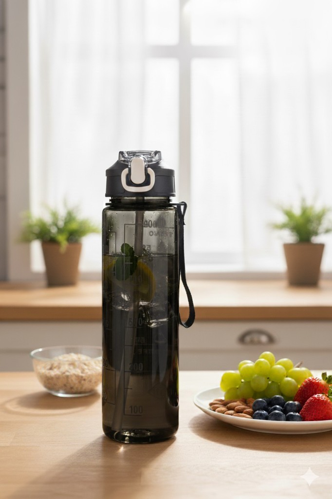 Siyah, Şeffaf Pipetli Matara – 900 ml, Sızdırmaz Kapaklı Suluk