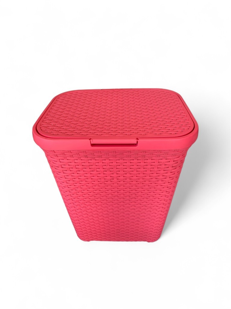 Pembe, Hasır Desenli Kapaklı Çamaşır Sepeti – 55x43x33cm - Resim 2
