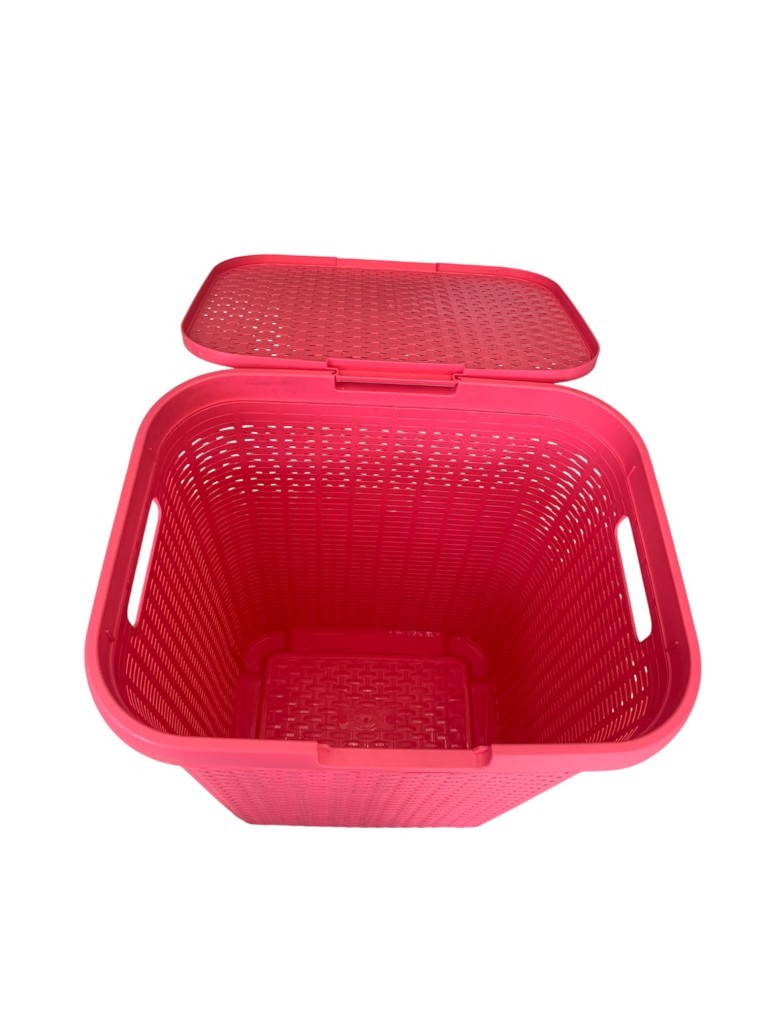 Pembe, Hasır Desenli Kapaklı Çamaşır Sepeti – 55x43x33cm - Resim 3