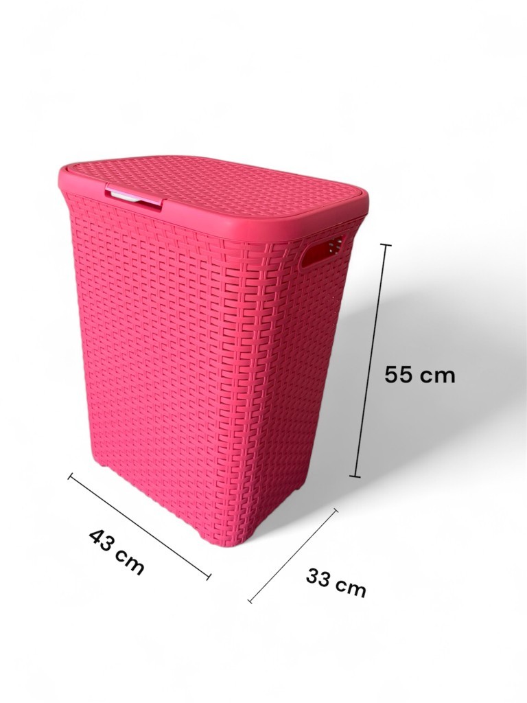 Pembe, Hasır Desenli Kapaklı Çamaşır Sepeti – 55x43x33cm - Resim 4
