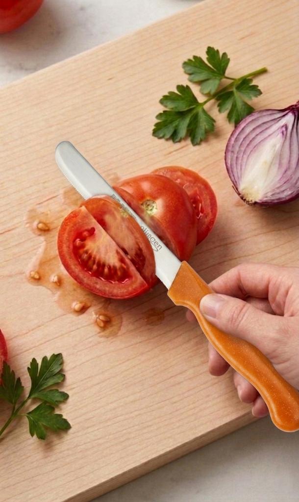 Turuncu, 3’lü Paslanmaz Çelik Sebze Bıçağı Seti – Tırtıklı Keskin Ağız