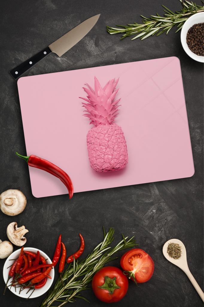 30x40cm - Pembe Ananas Desenli - Cam Kesme Tahtası