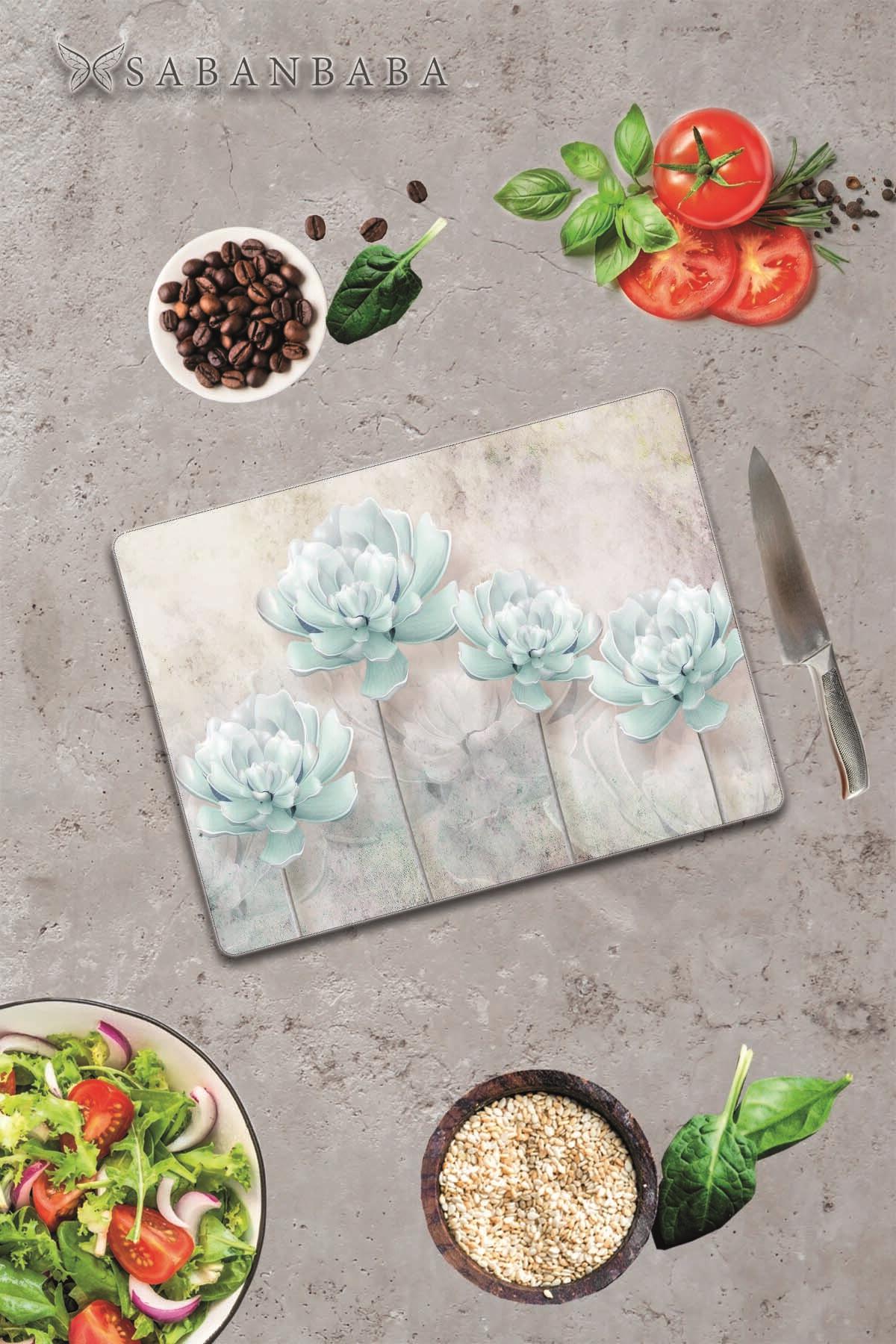 30x40 cm Cam Kesme Tahtası Mavi Çiçekler - Resim 2