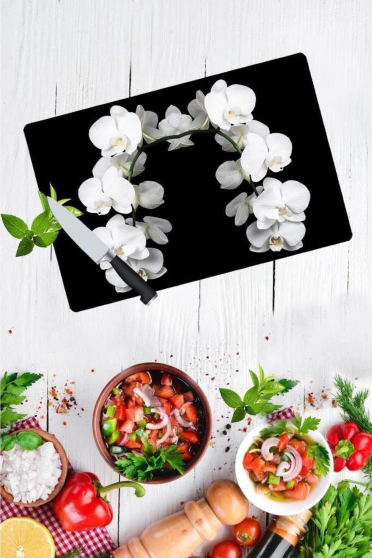 30x40 cm Cam Kesme Tahtası Beyaz Orkide