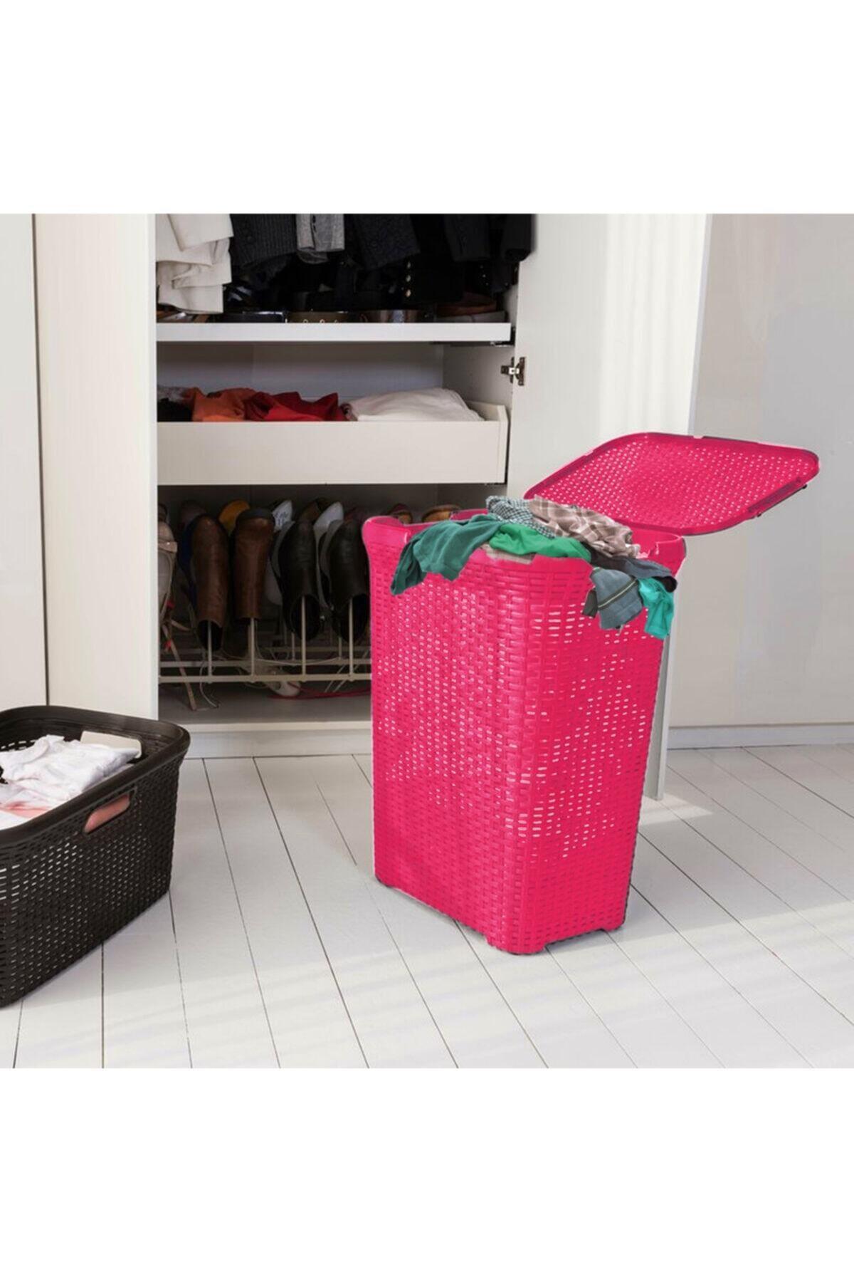 2'li Set Hasır Desenli Plastik Pembe Çamaşır Sepeti & Pembe Çamaşır Selesi