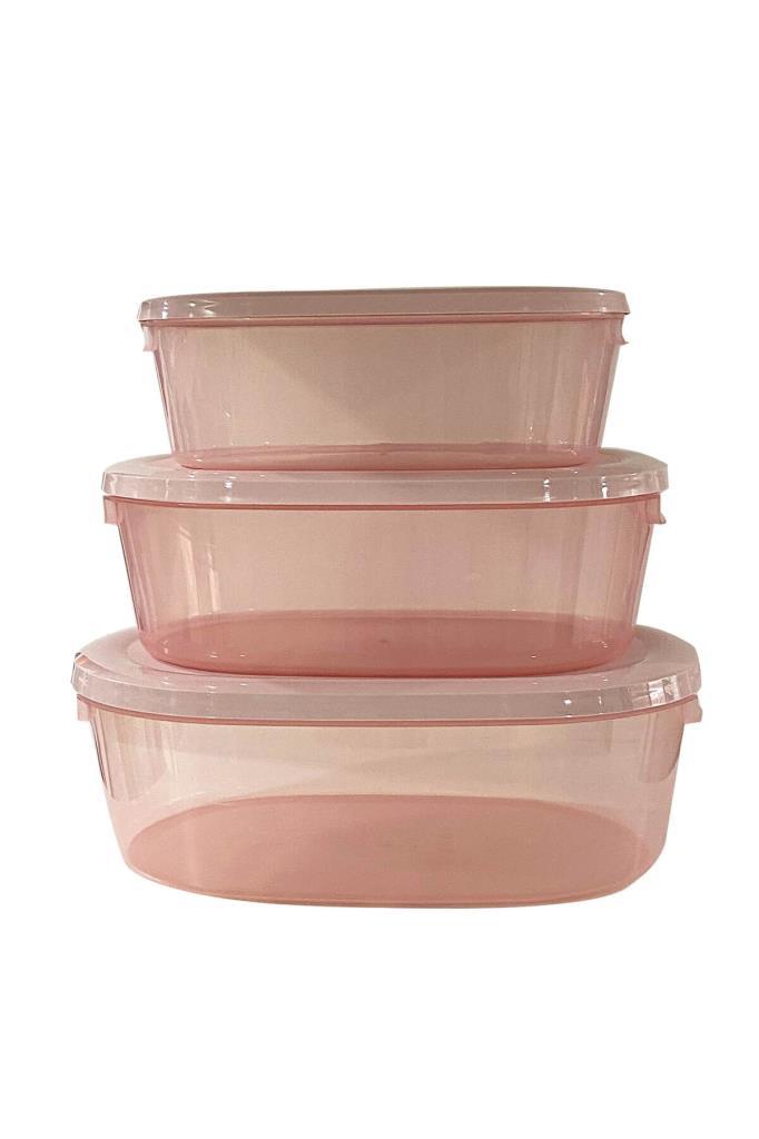 3'Lü Pembe, Oval Erzak Saklama Kabı - Resim 2
