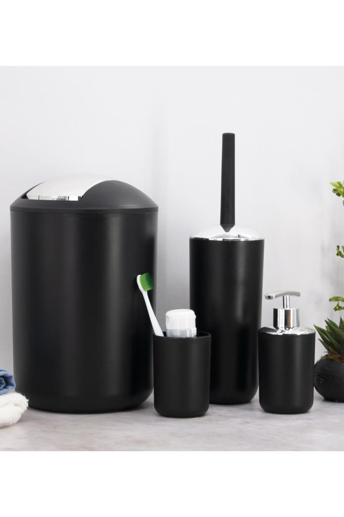 4'lü Siyah, Banyo Aksesuar Seti, Çöp Kovası Seti - Brazil Model