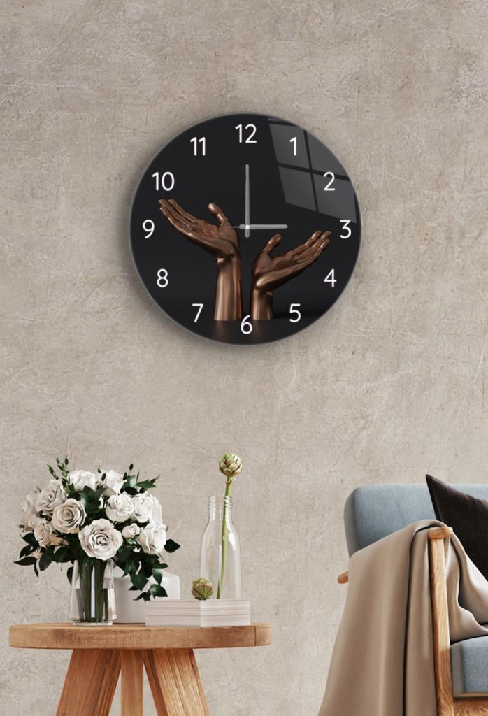 Çap 37cm - Bronz El - Dekoratif Cam Duvar Saati