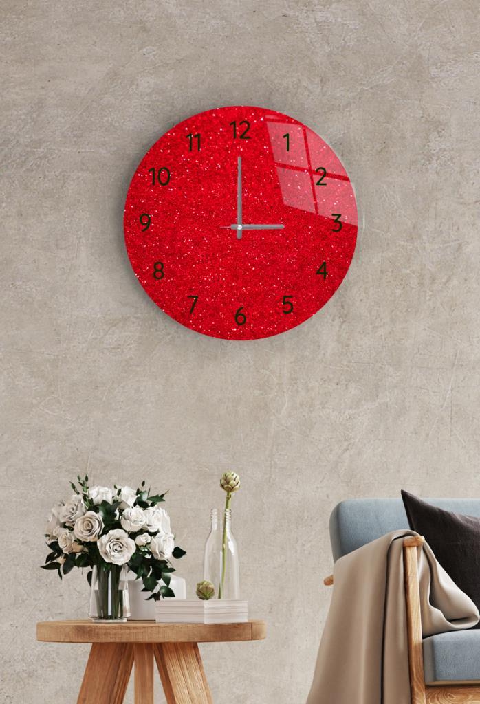 Çap37cm -  Kırmızı Parıltı - Dekoratif Cam Duvar Saati