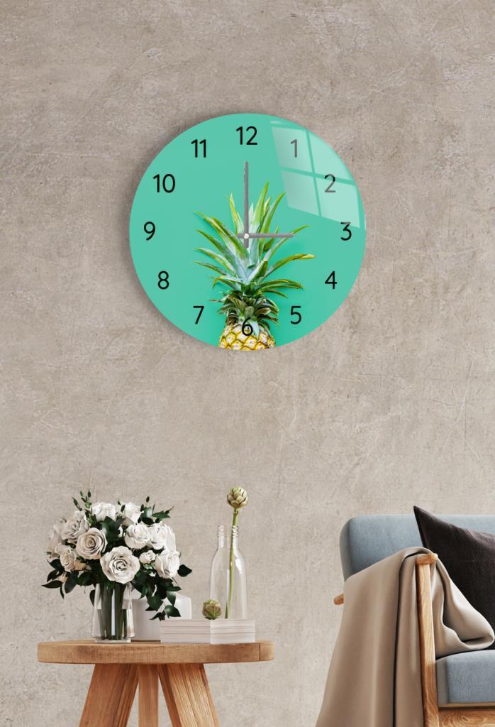 Çap37cm -  Yeşil Ananas - Dekoratif Cam Duvar Saati