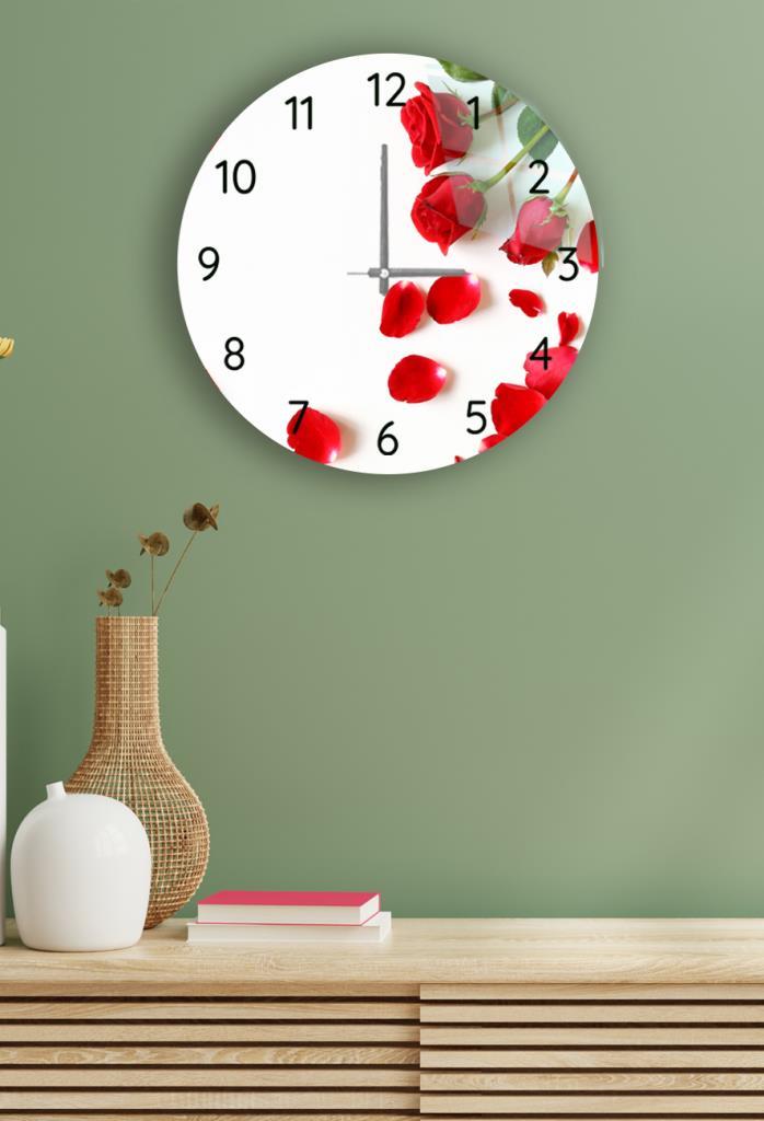 Çap37cm -  Kırmızı Güller - Dekoratif Cam Duvar Saati