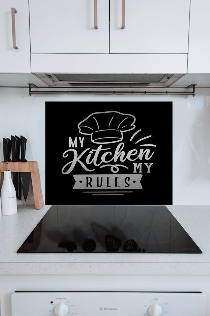 60x70 Cm My Kitchen Siyah Şapka Desenli Cam Ocak Koruyucu