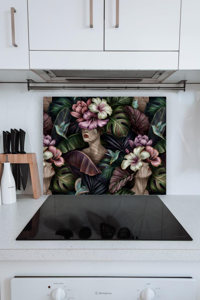 50x60cm - Cam Ocak Koruyucu - Çiçek Kadın Desenli