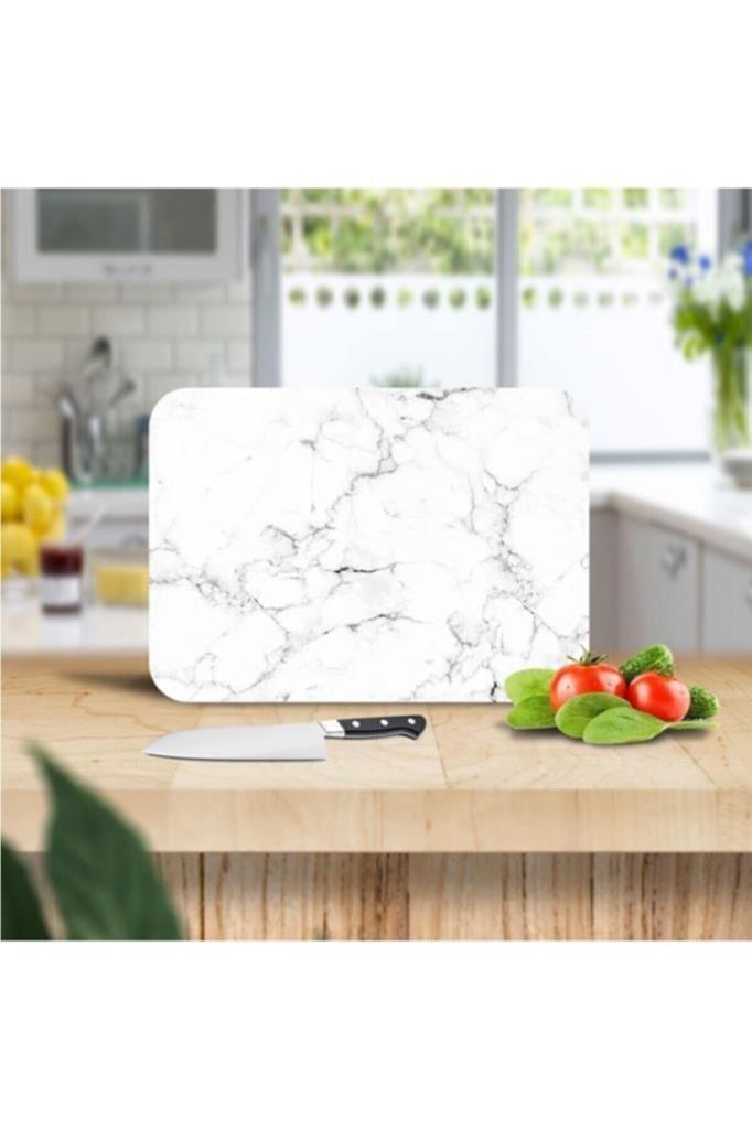 20x30cm - Siyah Beyaz Mermer Desenli - Cam Kesme Tahtası