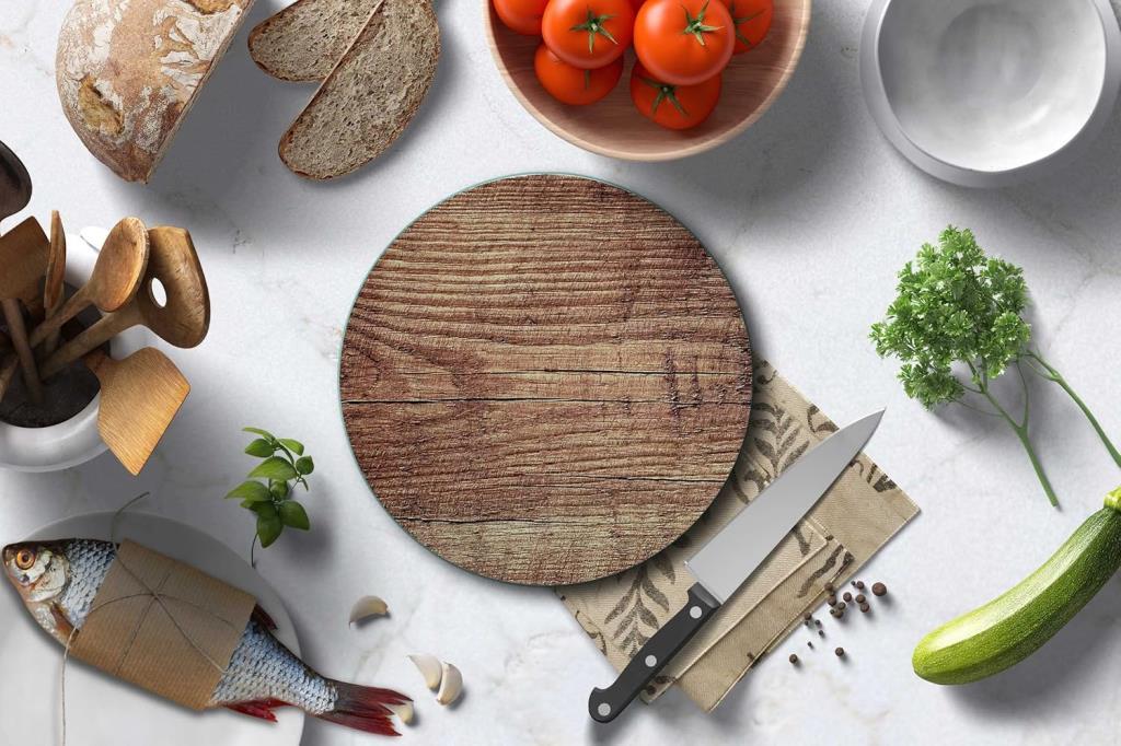Çap 32cm - Koyu Ahşap Desenli - Cam Kesme Tahtası