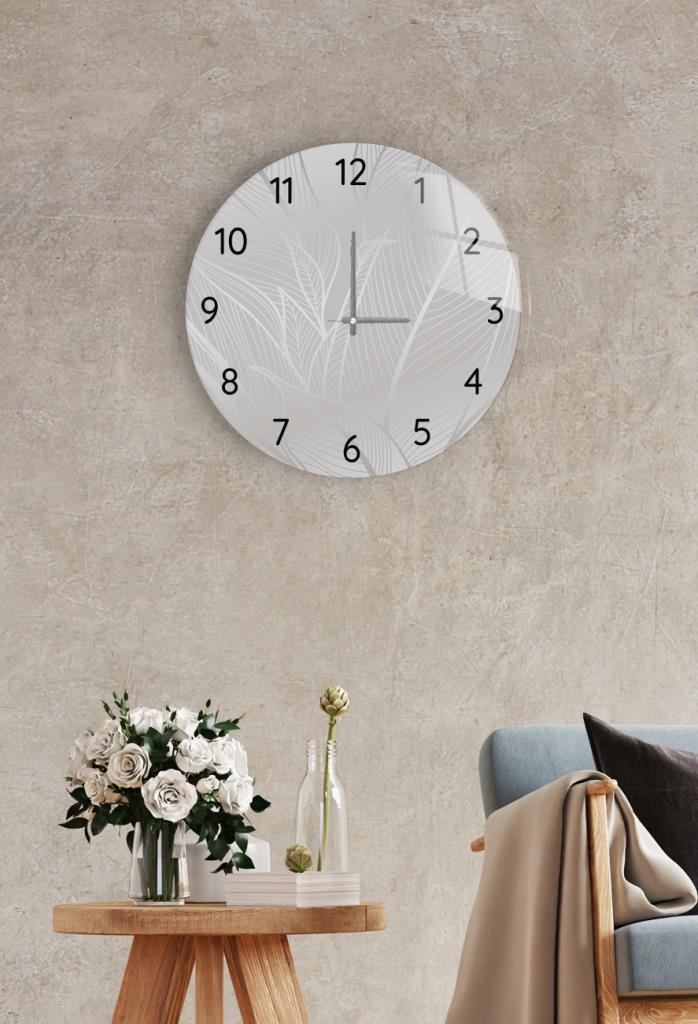 Çap 37cm - Gümüş Yapraklar - Dekoratif Cam Duvar Saati
