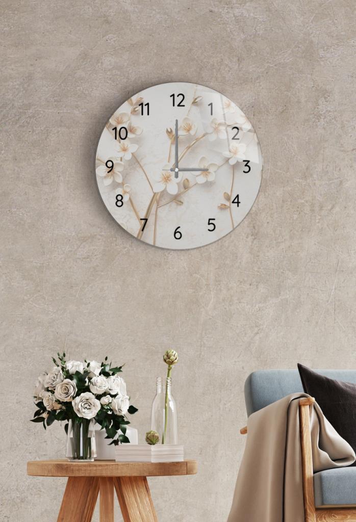Çap 27cm - Yapay Güller - Dekoratif Cam Duvar Saati