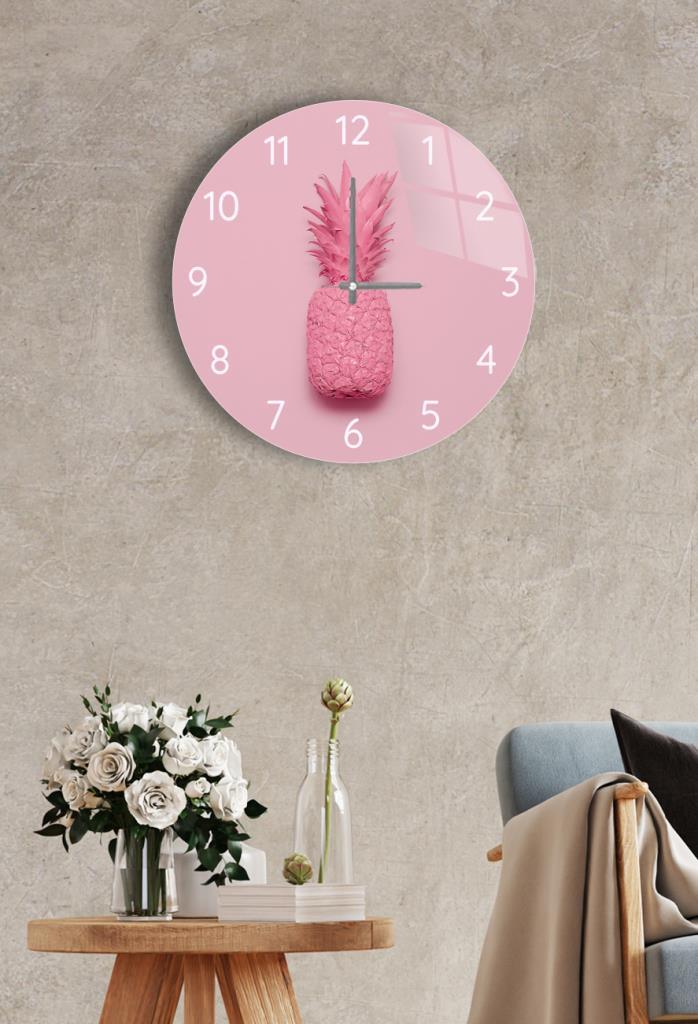 Çap 27 Cm Pembe Ananas Dekoratif Cam Saat