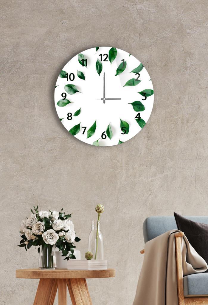 Çap 27cm - Beyaz Yeşil Yaprakları - Dekoratif Cam Duvar Saati